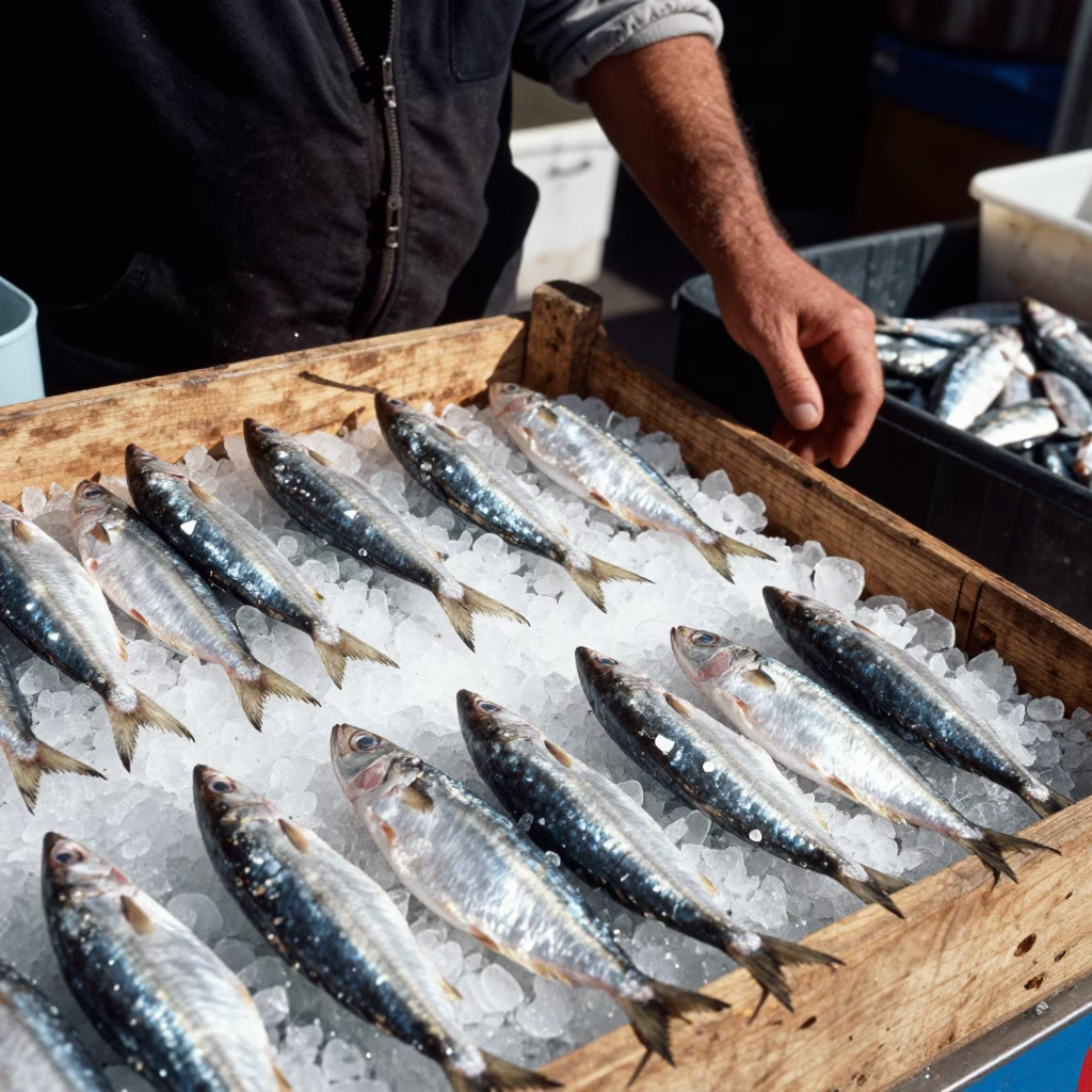 Lebanese Fishmonger Displaying Fresh Sardines on Ice at Midday in Beirut in in Beirut, Lebanon