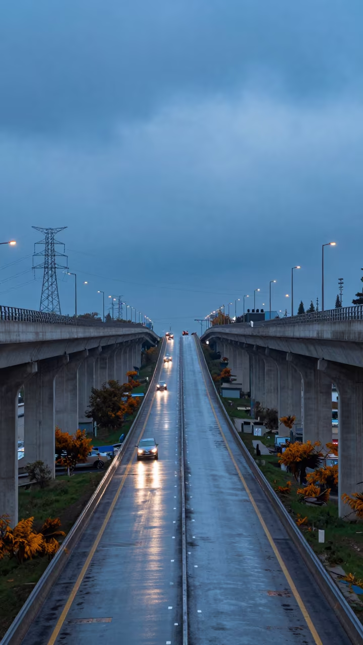 Lebanese Flyover Stack Against Blue Hour Sky in beneath transmission towers in Lebanon
