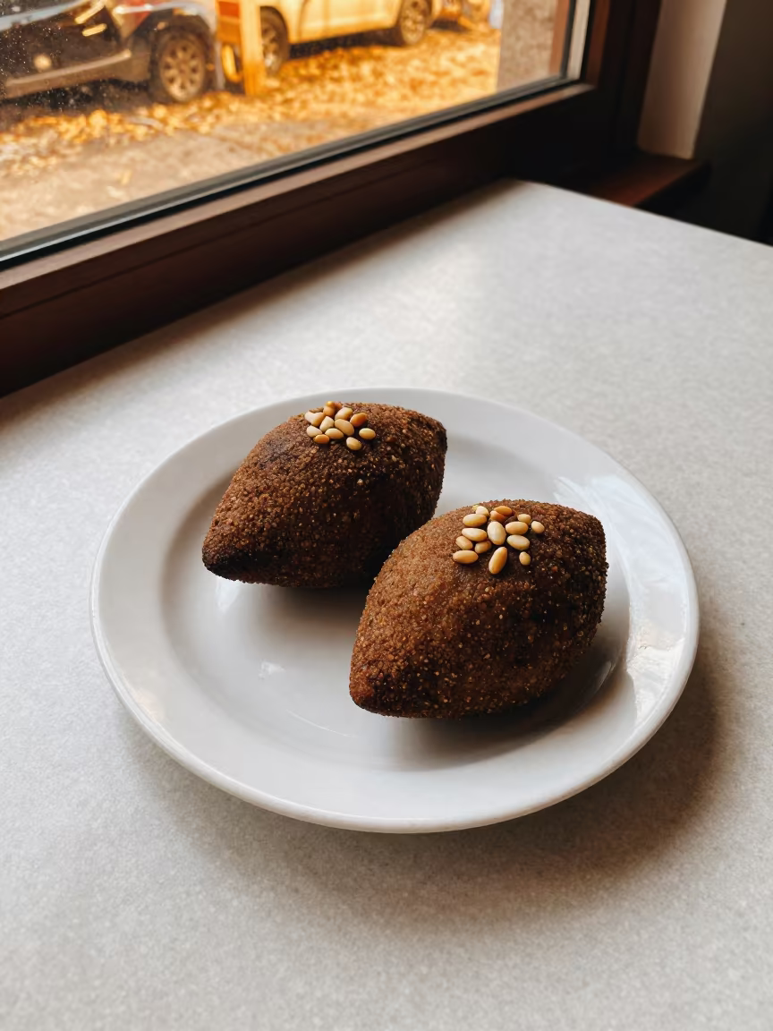 Lebanese Kibbeh with Pine Nuts Amman Diner in at a roadside diner table in Amman