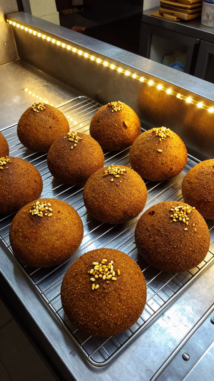 Lebanese Kibbeh with Pine Nuts on Cooling Rack in on a bakery cooling rack in Beirut