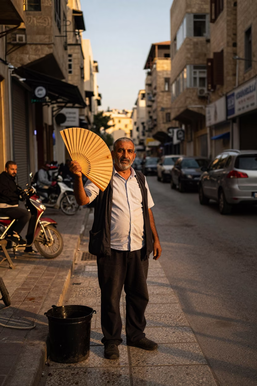 Lebanese Street Vendor Holding Paper Fan in Honeyed Evening Light in in Beirut, Lebanon