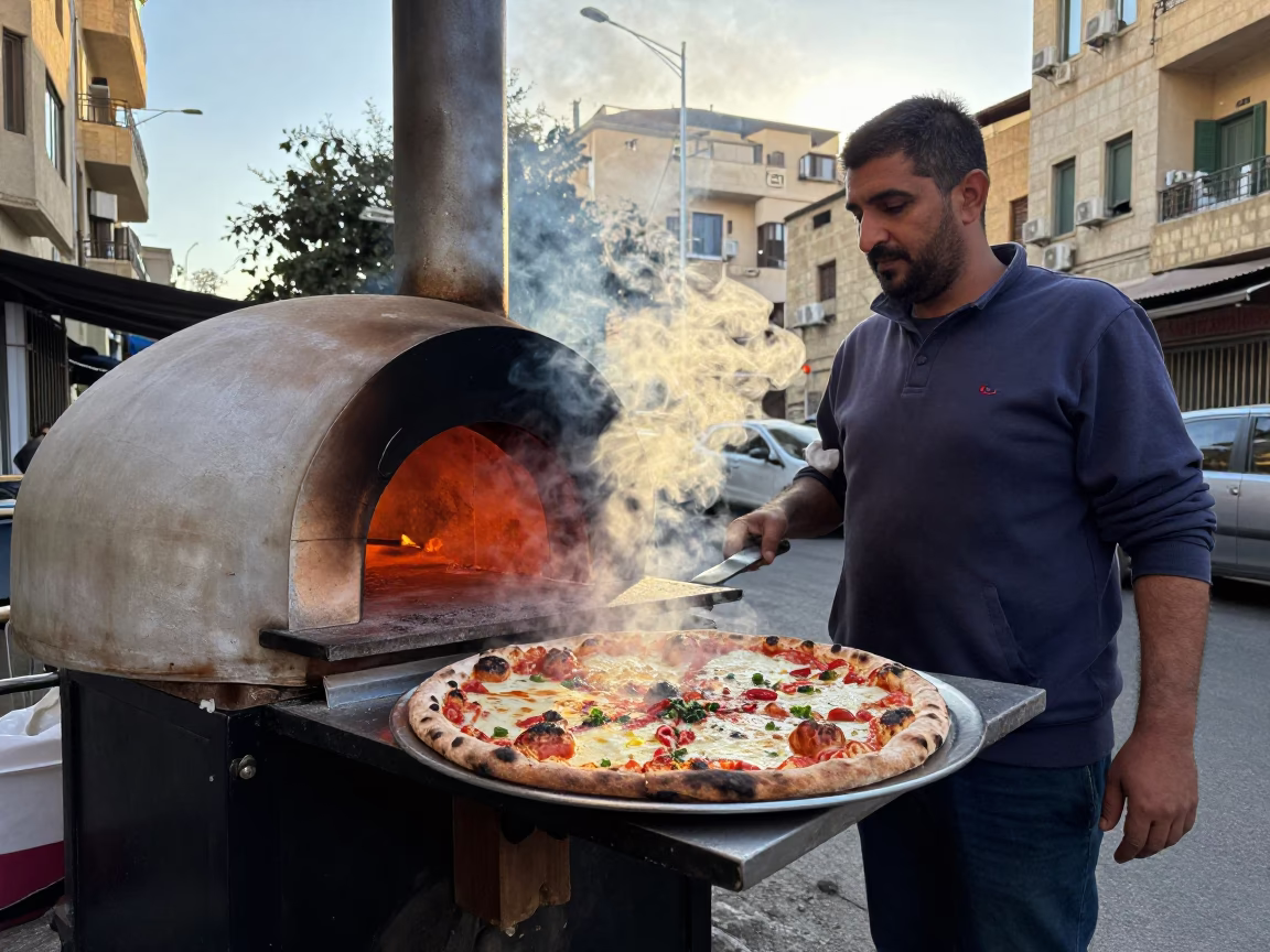 Lebanese street vendor serving fresh pizza at dawn in Beirut in in Beirut, Lebanon