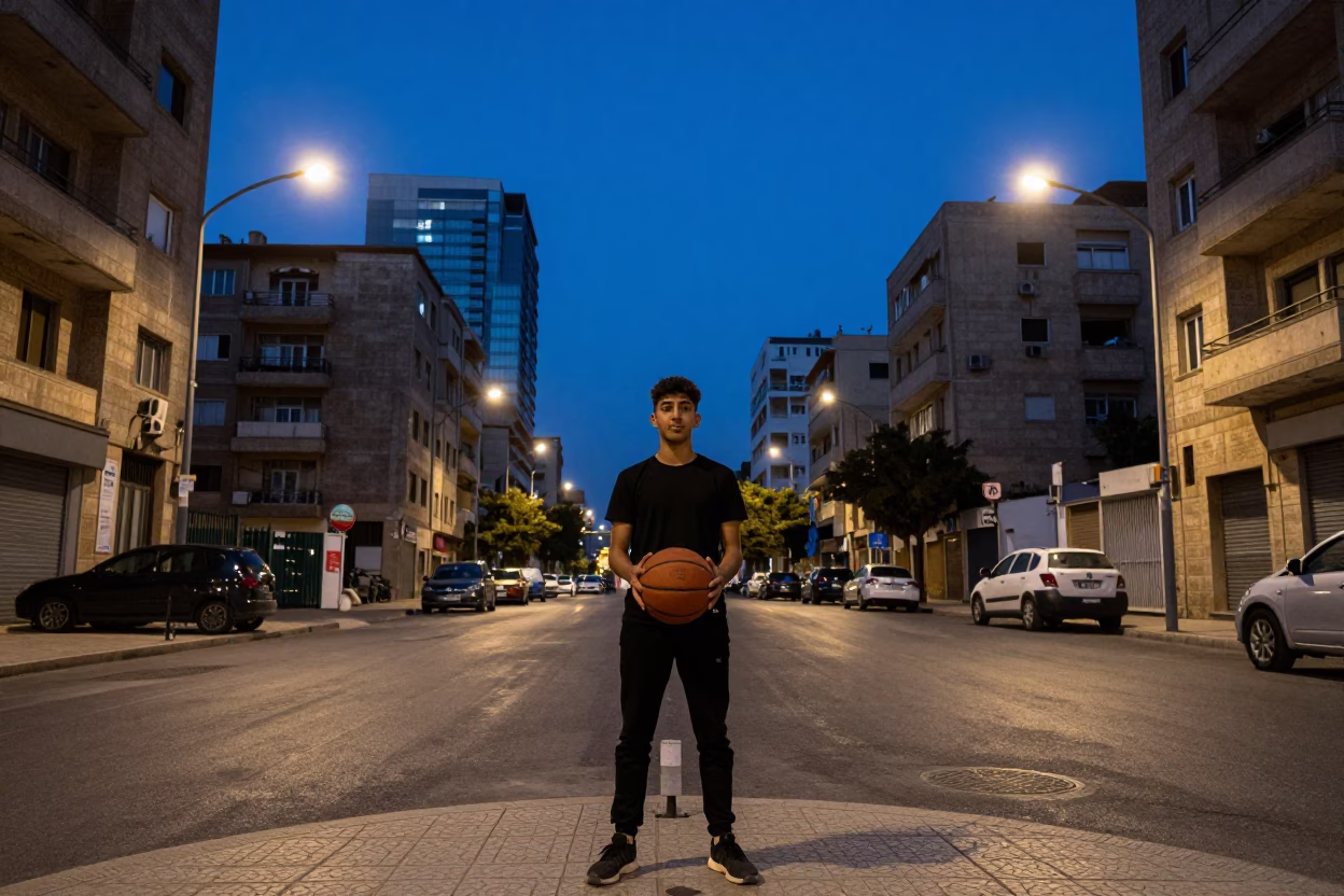 Lebanese Teenager Holding Basketball Under Indigo Twilight Streetlights in Beirut in in Beirut, Lebanon