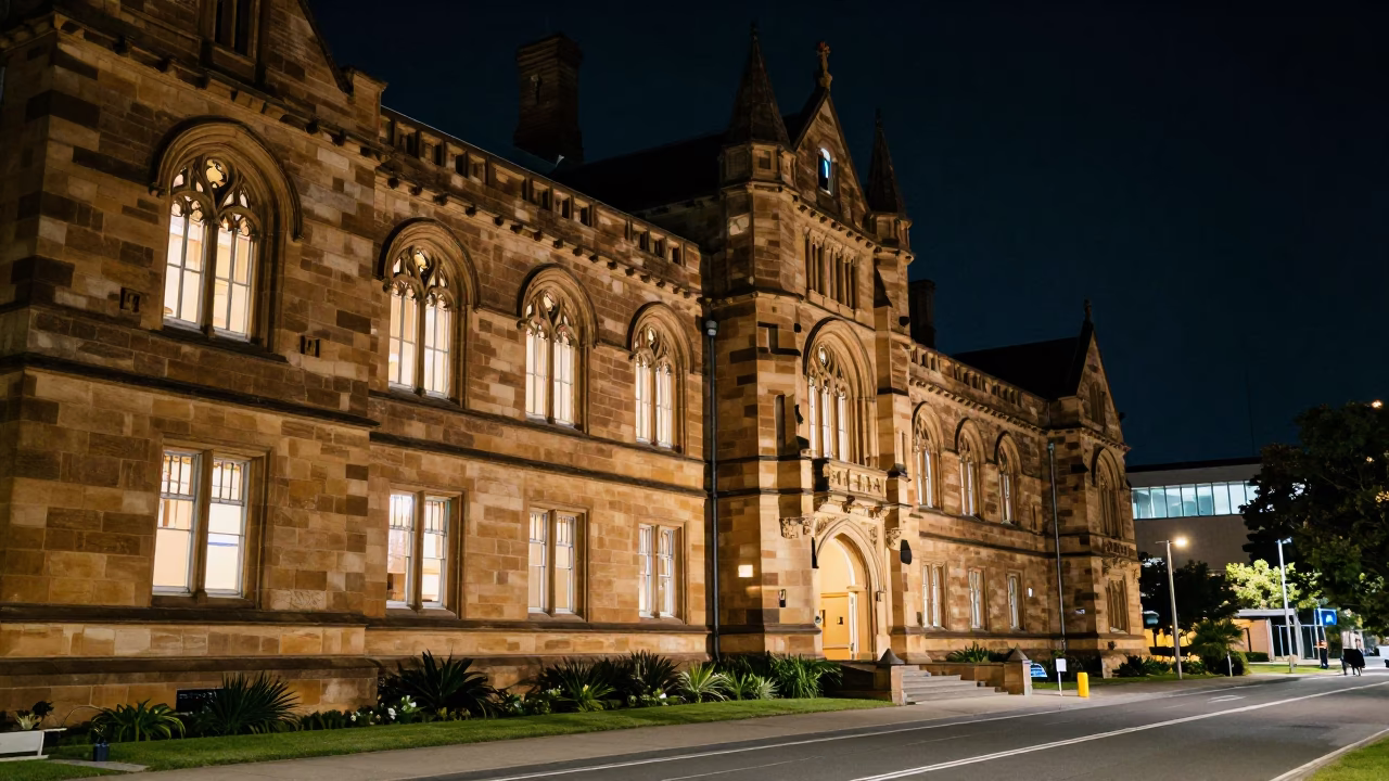 Lecture Building at Deep In The Night Light in Adelaide in in Adelaide, South Australia, Australia