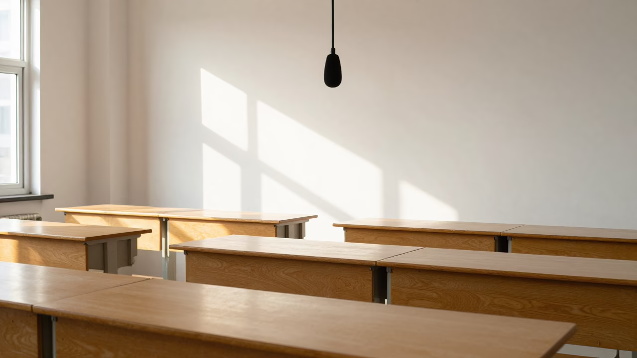Lecture Microphone Over Worn Wood Tablets in in a school laboratory in Nanjing
