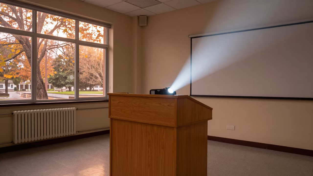 Lecture Podium in Copper Autumn Light in inside an art classroom in San Pedro de la Paz
