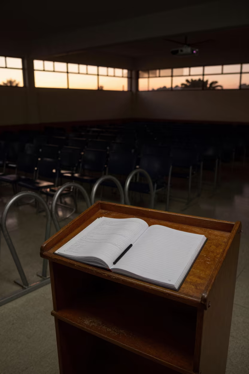 Lecture Podium Glow at Sunset Near Bike Racks in beside campus bike racks at dawn near Ciudad Guayana