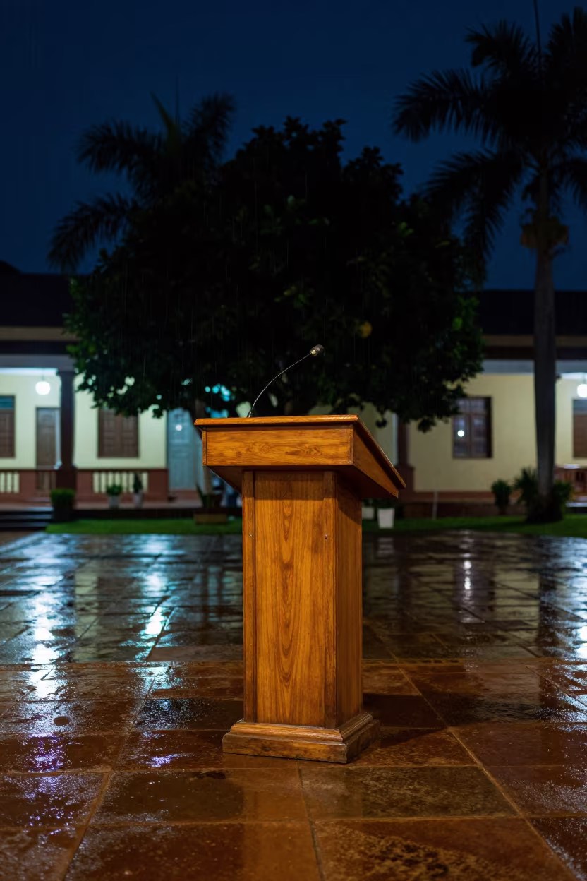 Lecture Podium Night Glow Campus Rain in across a rain-washed campus courtyard in Antananarivo