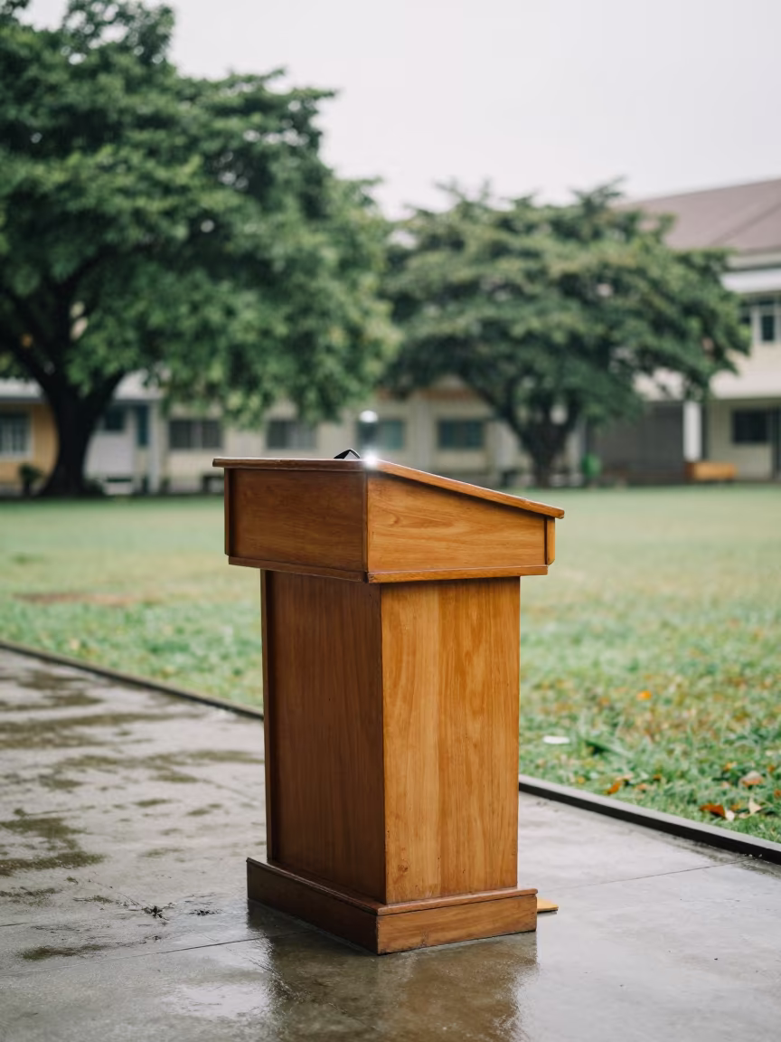 Lecture Podium Under Wet Season Overcast in along a schoolyard walkway near Semarang