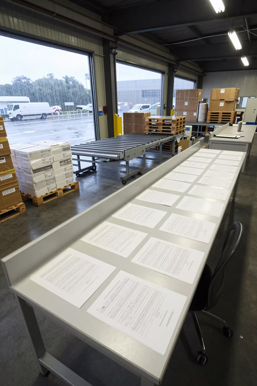 Ledger Desk and Pallets in Nagoya Cross Dock in inside a cross-dock lane near Nagoya