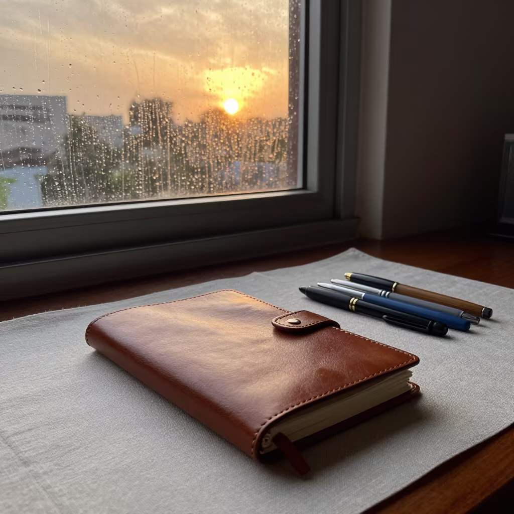 Ledger on linen by rain window in Kano in on a pier railing in Kano