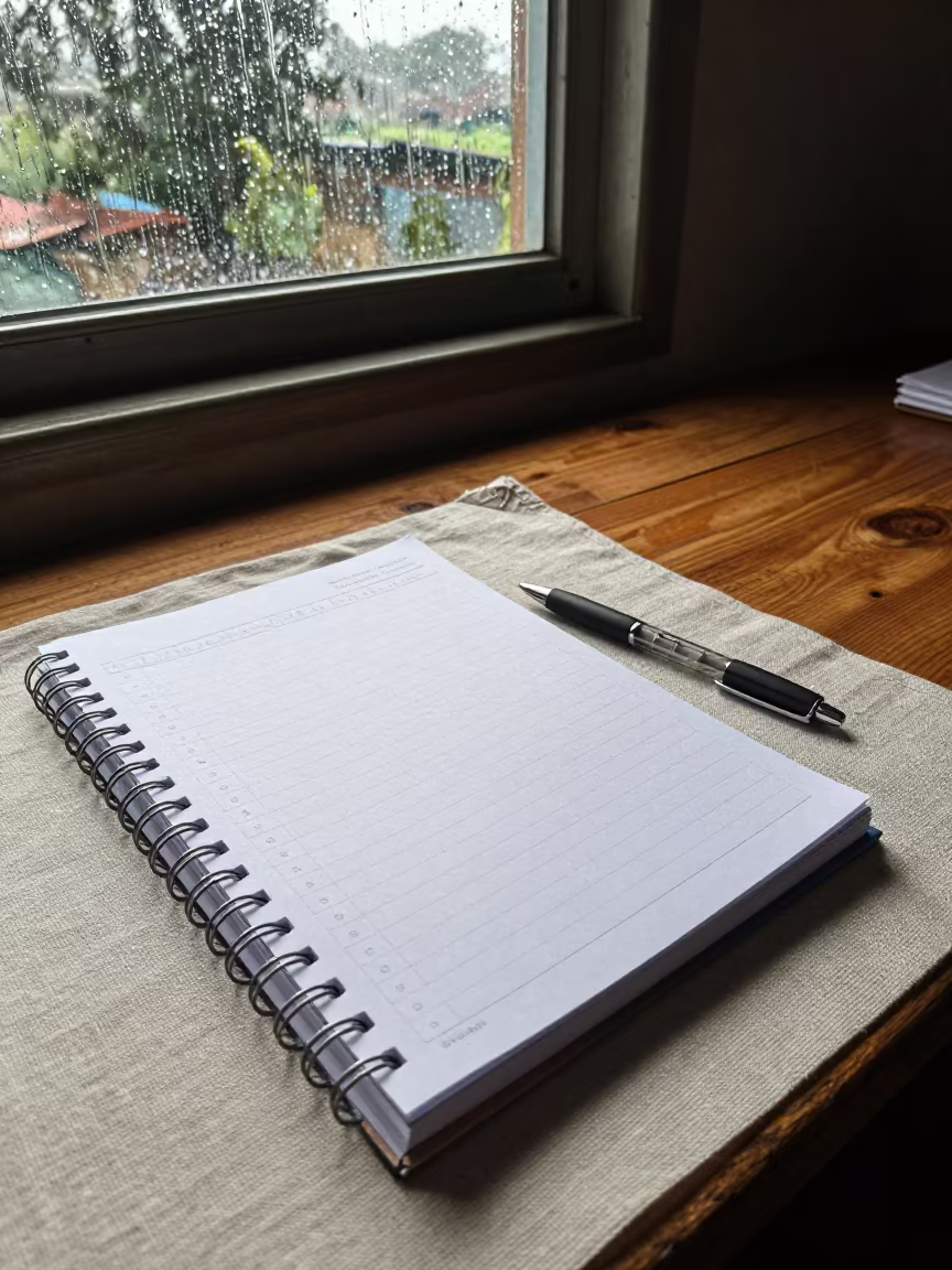 Ledger and Stationery on Linen Desk Pad in on a wooden workbench near Burao