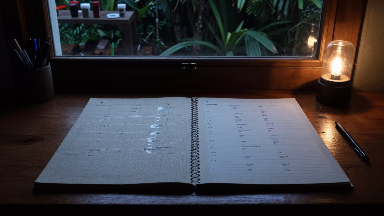 Ledger and Stationery in Neon Light in on a workshop shelf in Victoria Seychelles