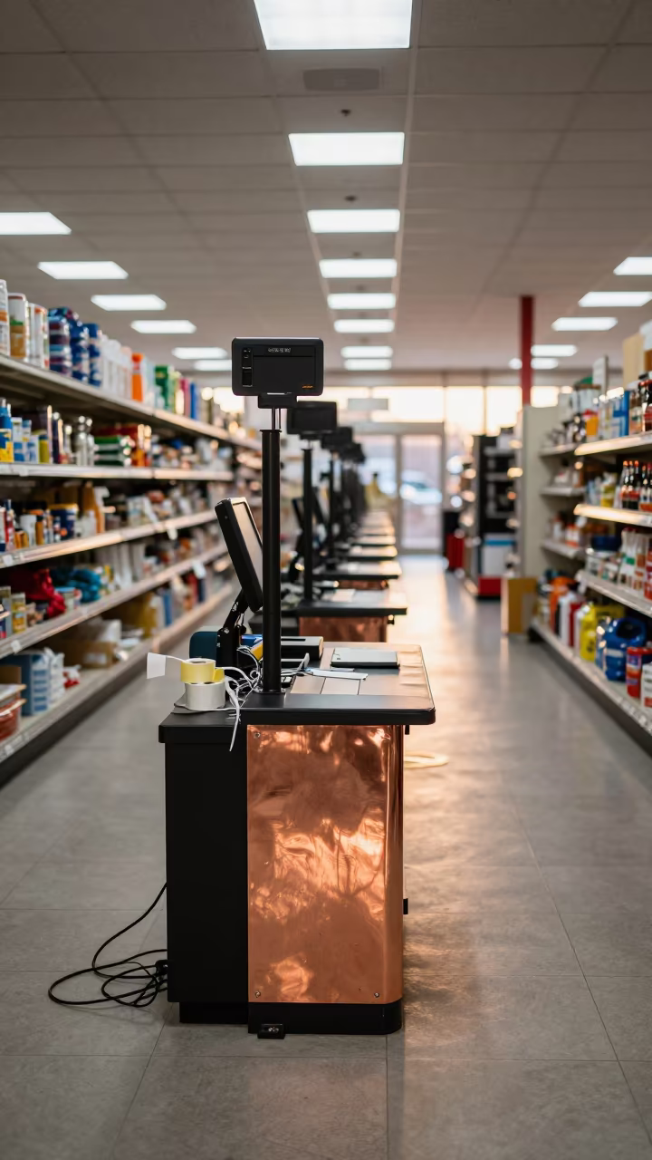 Leeds Checkout Scanner Under Late Summer Light in at a checkout lane under flat store light near Leeds