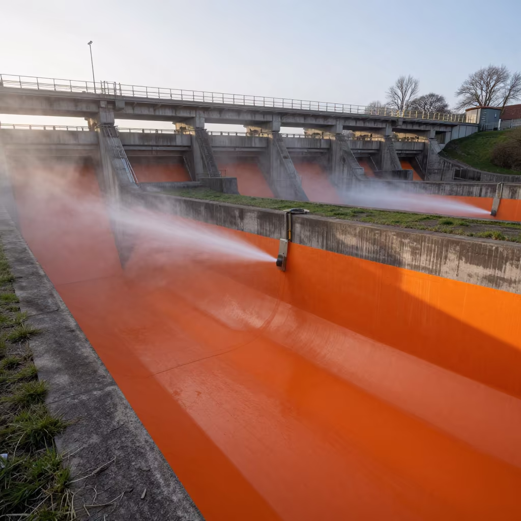 Leeds Penstock Intake Spray at Dawn in above a spillway chute with spray rising near Leeds