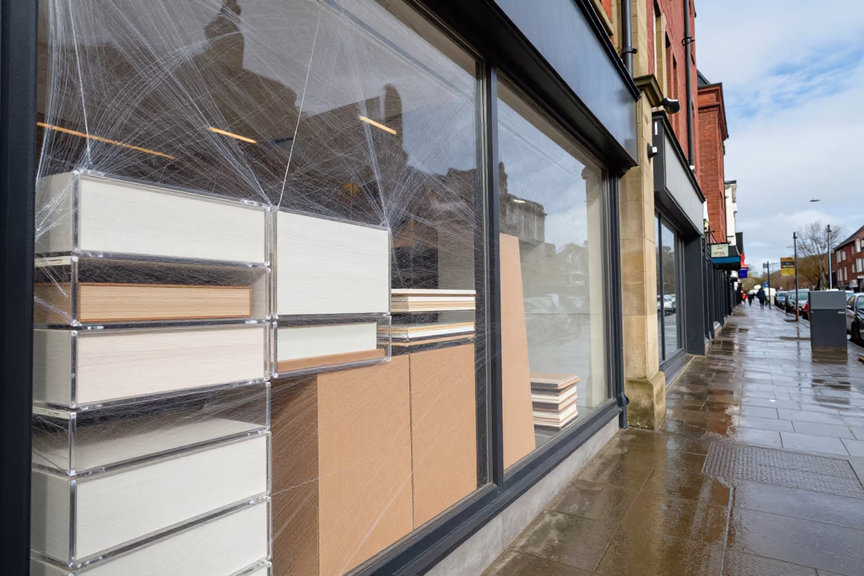 Leeds Storefront Spider Wrap Drawer Monsoon in outside a lit retail frontage after dark in Leeds