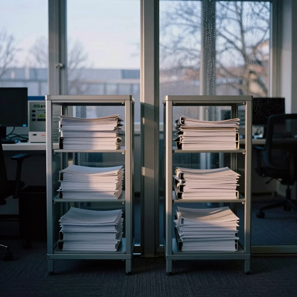 Legal Files Station Glass Partition Dawn Light in inside an open-plan office bay near Haarlem