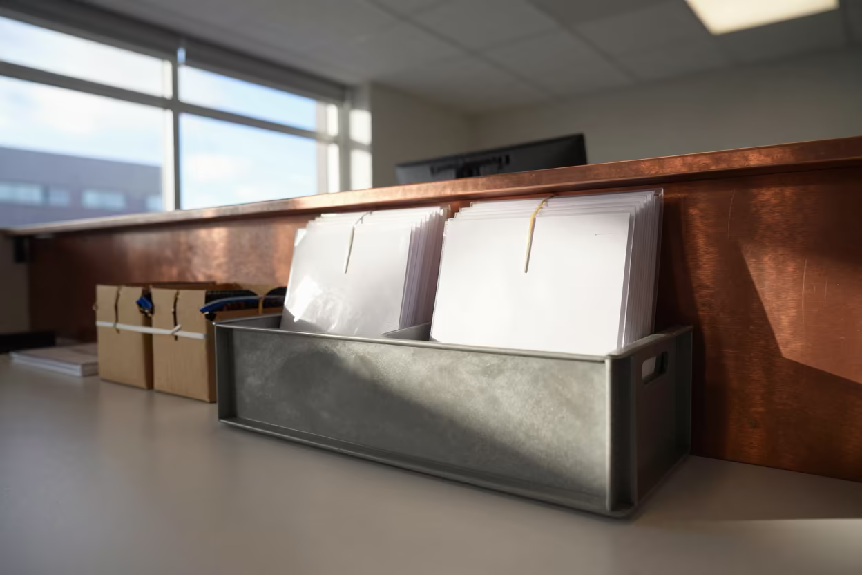 Legal Hold Crate on Belfast Reception Desk in at an office reception desk near Belfast