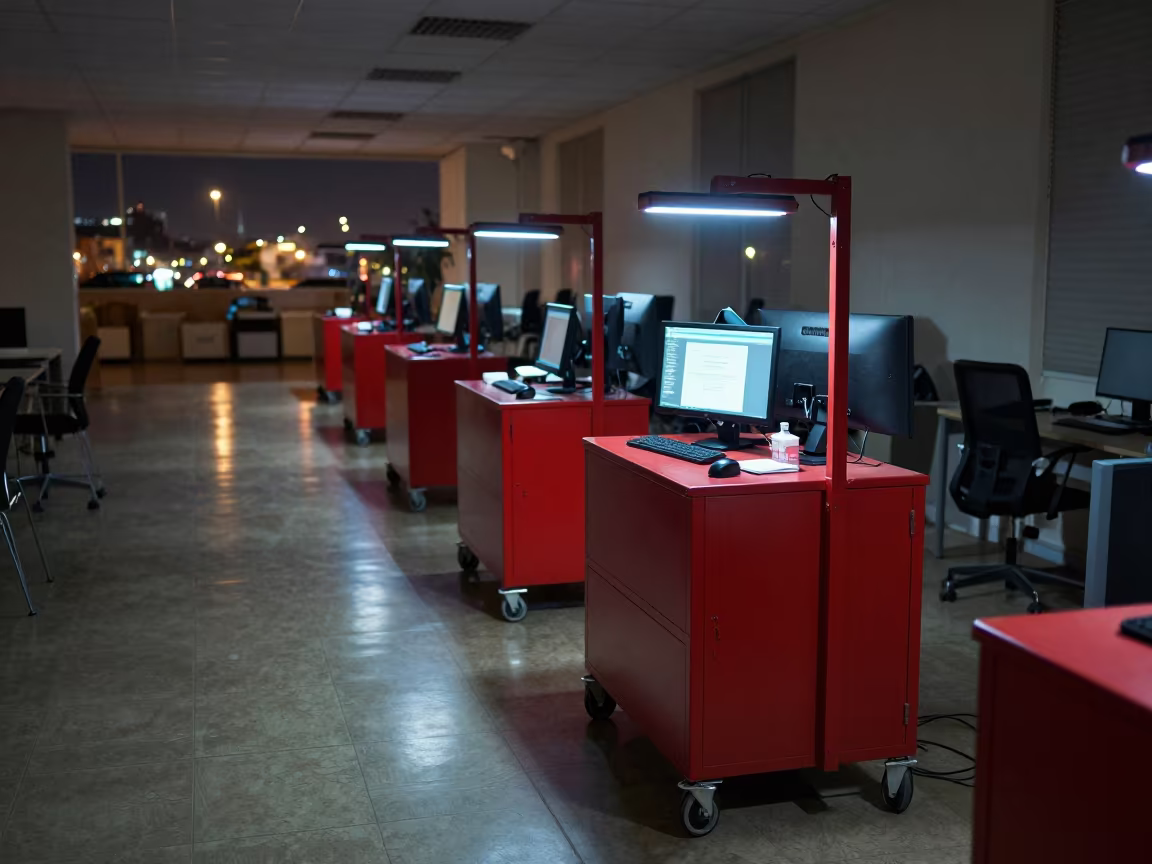 Legal Redwell Cart Under Cool Task Light in in an operations center under monitor glow near Benha