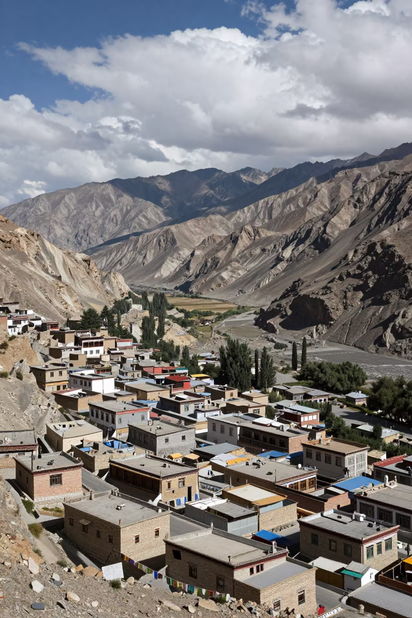 Leh Mountain Pass Rooftops Aerial View in along a high mountain pass beneath prayer flags near Leh