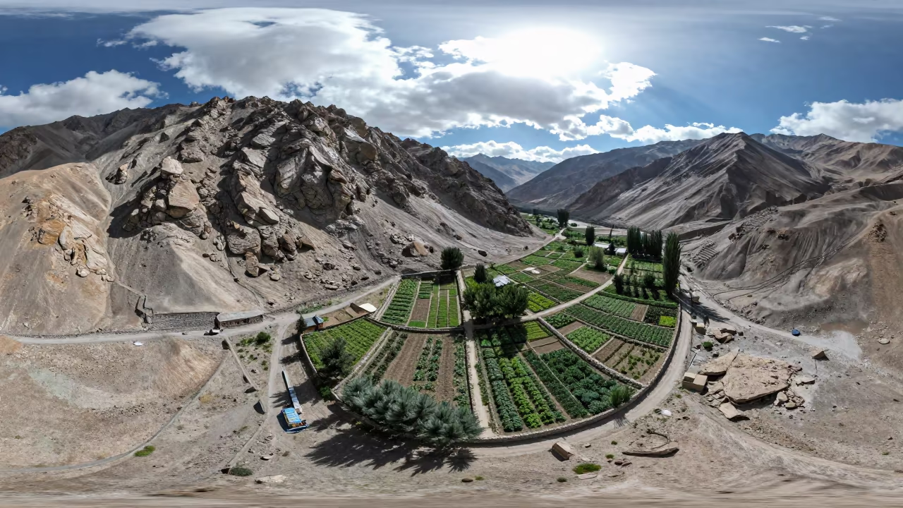 Leh Valley Allotment Gardens Aerial Map View in at a rocky saddle overlooking a mountain valley near Leh