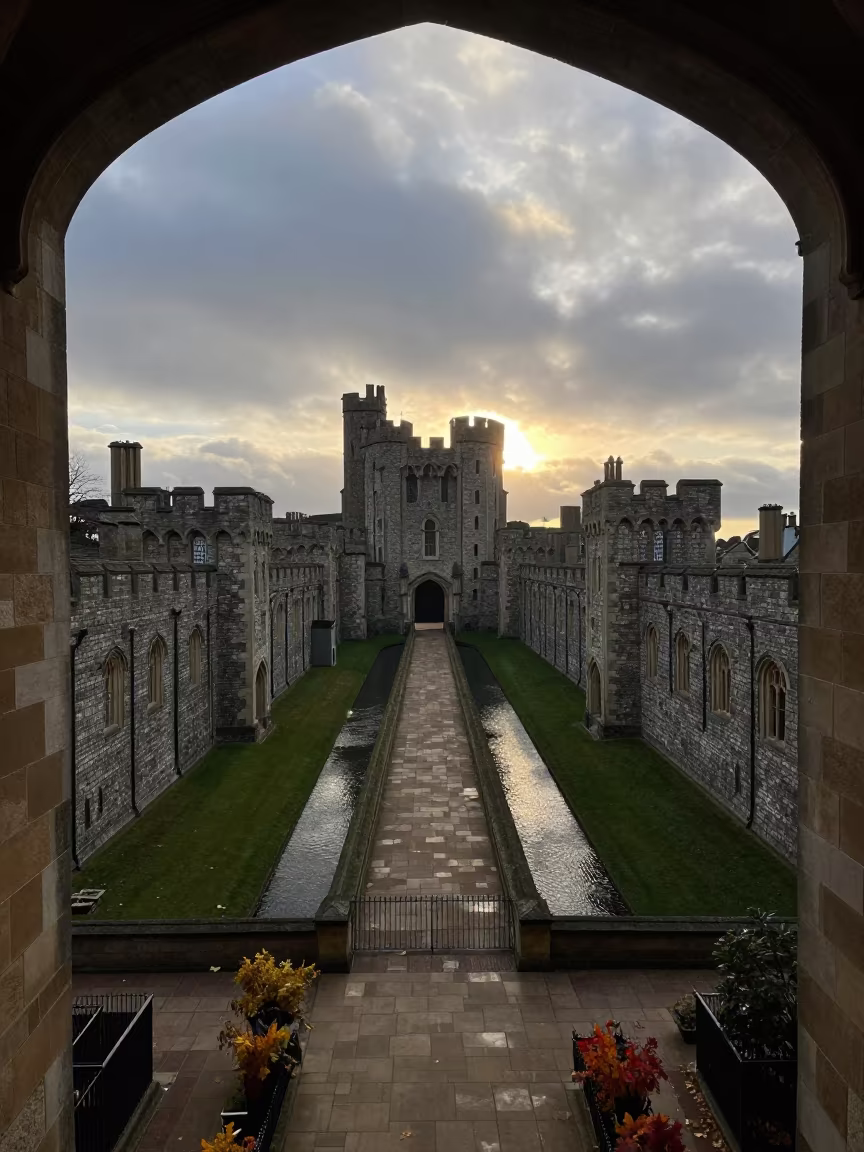 Leicester Castle Atrium Sunset Silhouette in inside a vaulted atrium in Leicester
