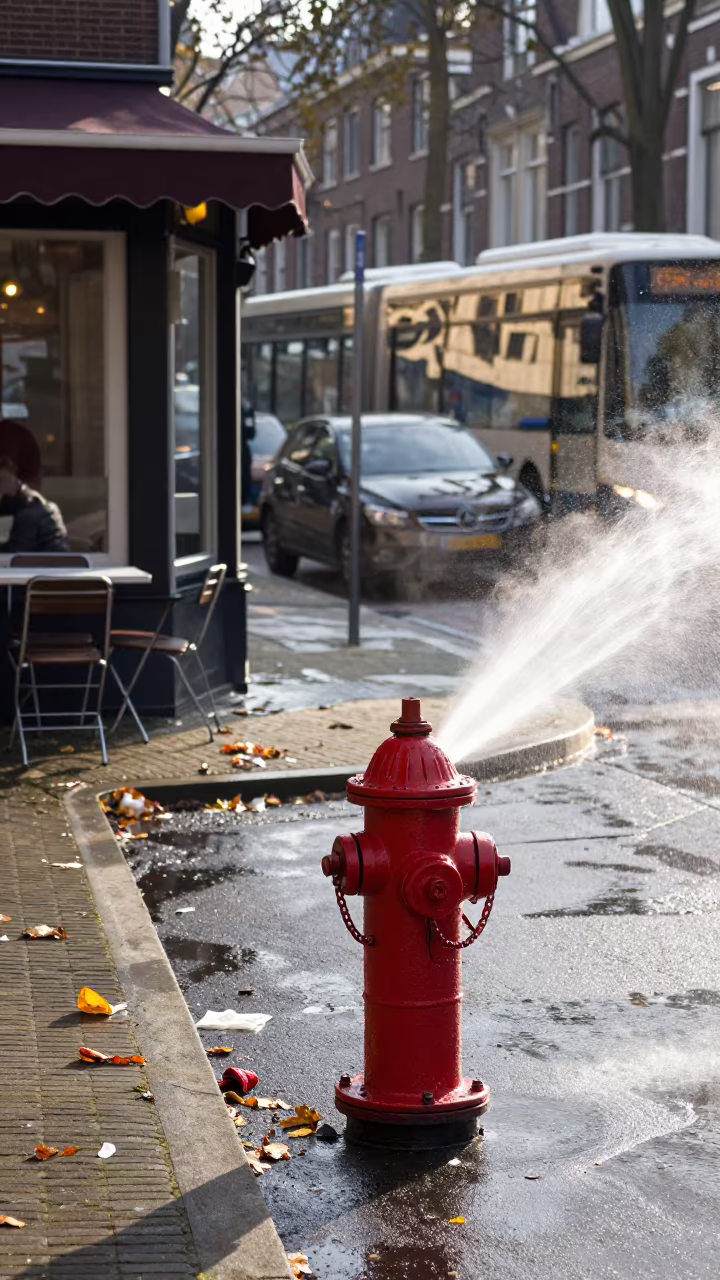 Leiden Fire Hydrant Sprays Water on Hot Asphalt in outside a corner cafe in Leiden