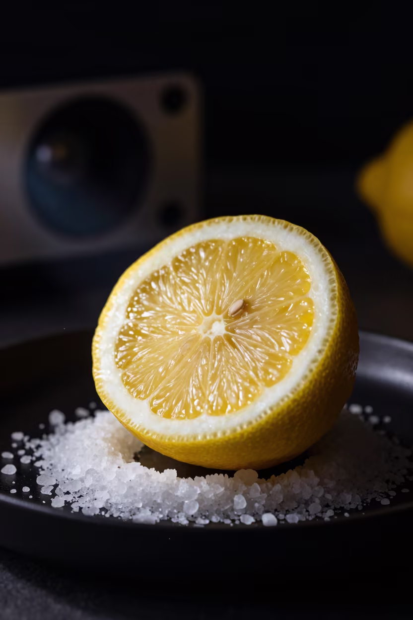 Lemon Cross Section Macro Salt Crystals in on salt crystals along a pan rim in San Diego