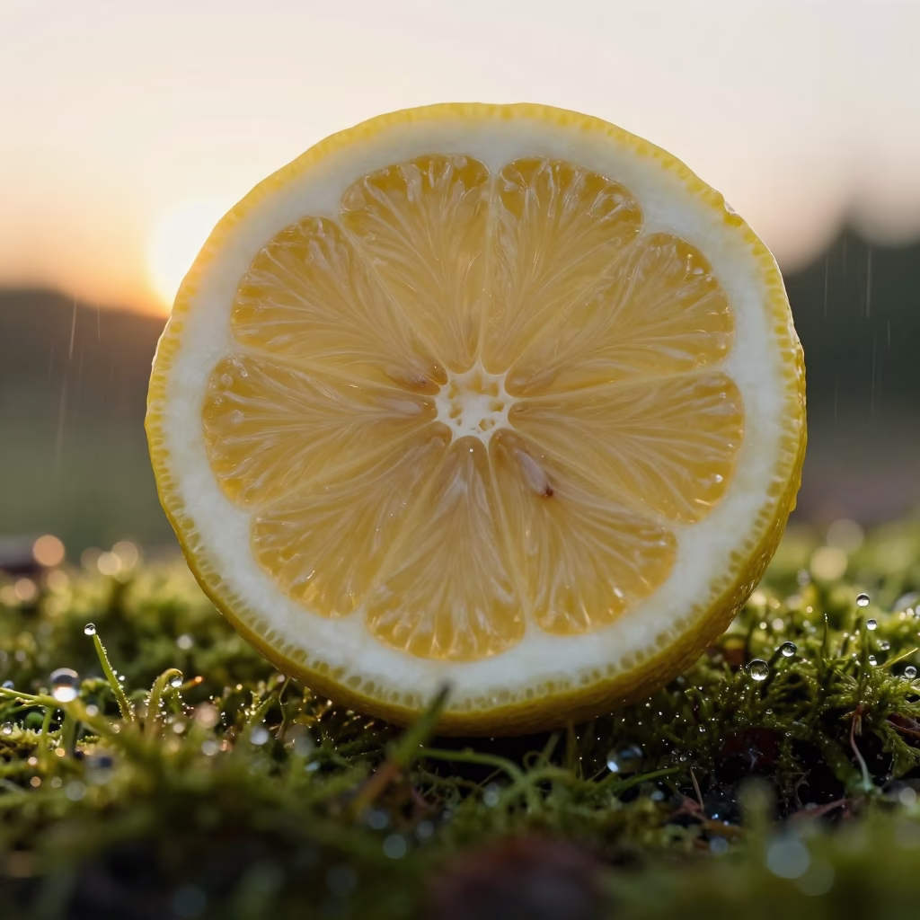 Lemon Cross Section on Dewy Moss in on dew-soaked moss near Kochi