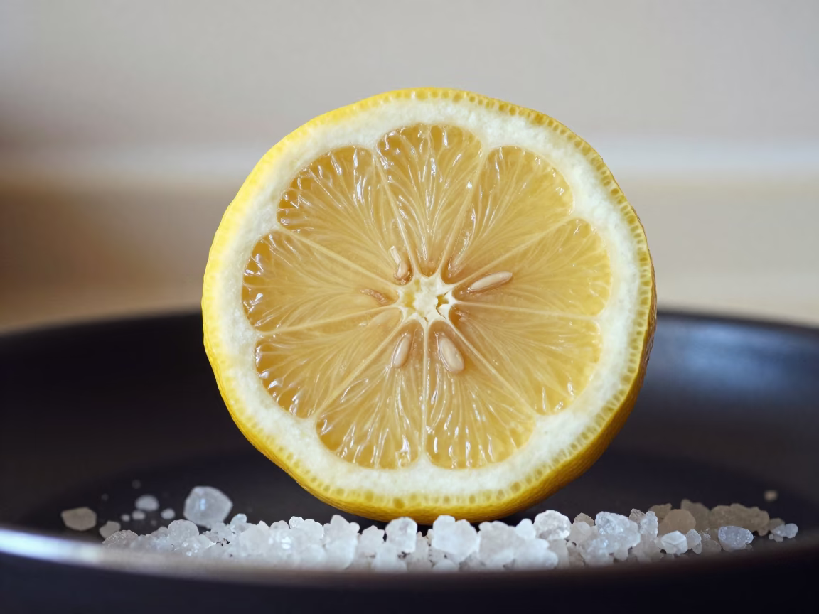 Lemon Cross Section on Salt Crystals Duhok in on salt crystals along a pan rim in Duhok