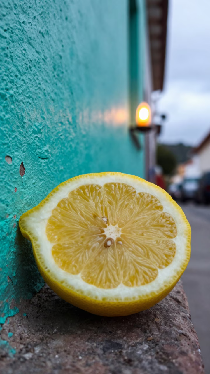 Lemon Cross Section Turquoise Wall Potosi in against weathered turquoise paint in Potosi