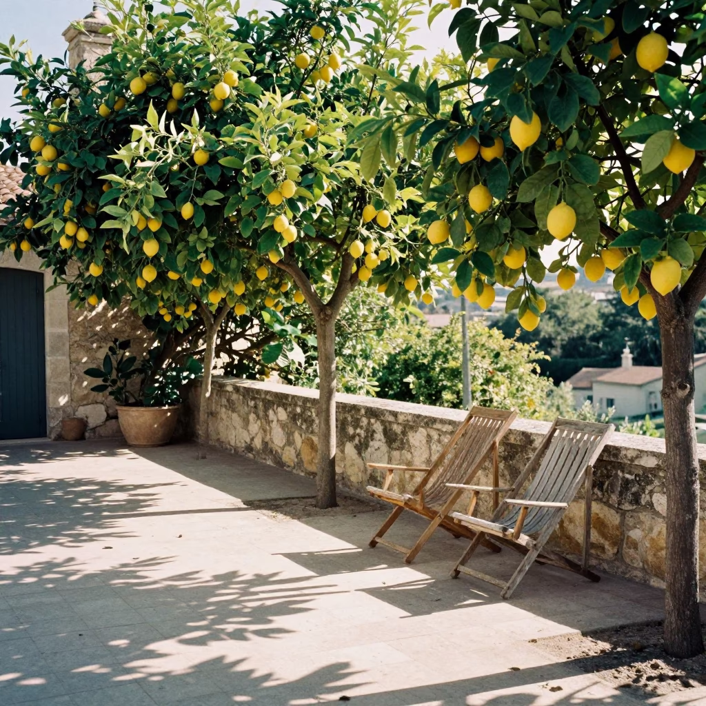 Lemon Trees and Deck Chairs in Warm Late Afternoon Nice in in Nice, France