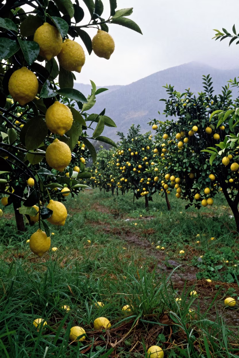 Lemon Trees Heavy with Fruit in Ukrainian Meadow in in a bloom-heavy meadow in Ukraine