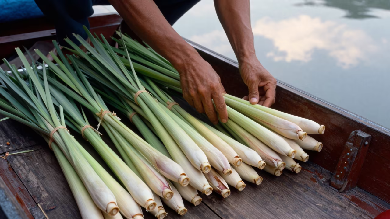 Lemongrass Bundles on Bangkok Floating Market Boat in at a floating market boat in Bangkok