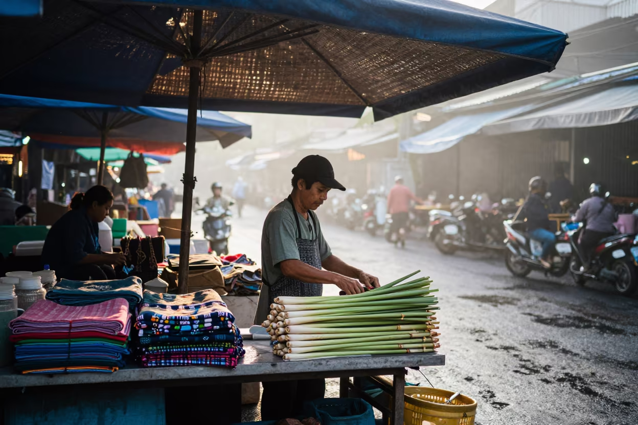 Lemongrass Bundles at Dawn Thai Market Stall in at a textile trader's stall in Bangkok
