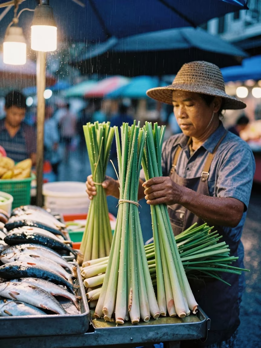 Lemongrass Vendor at Thonburi Market Twilight in beside a fish counter in Thonburi, Bangkok