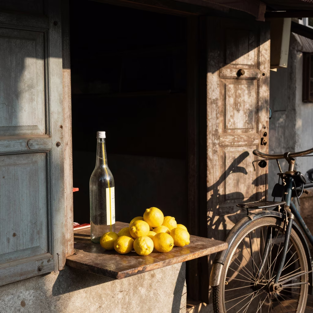 Lemons and Vintage Bicycle in Clear Late Afternoon Light Kochi India in in Kochi, India