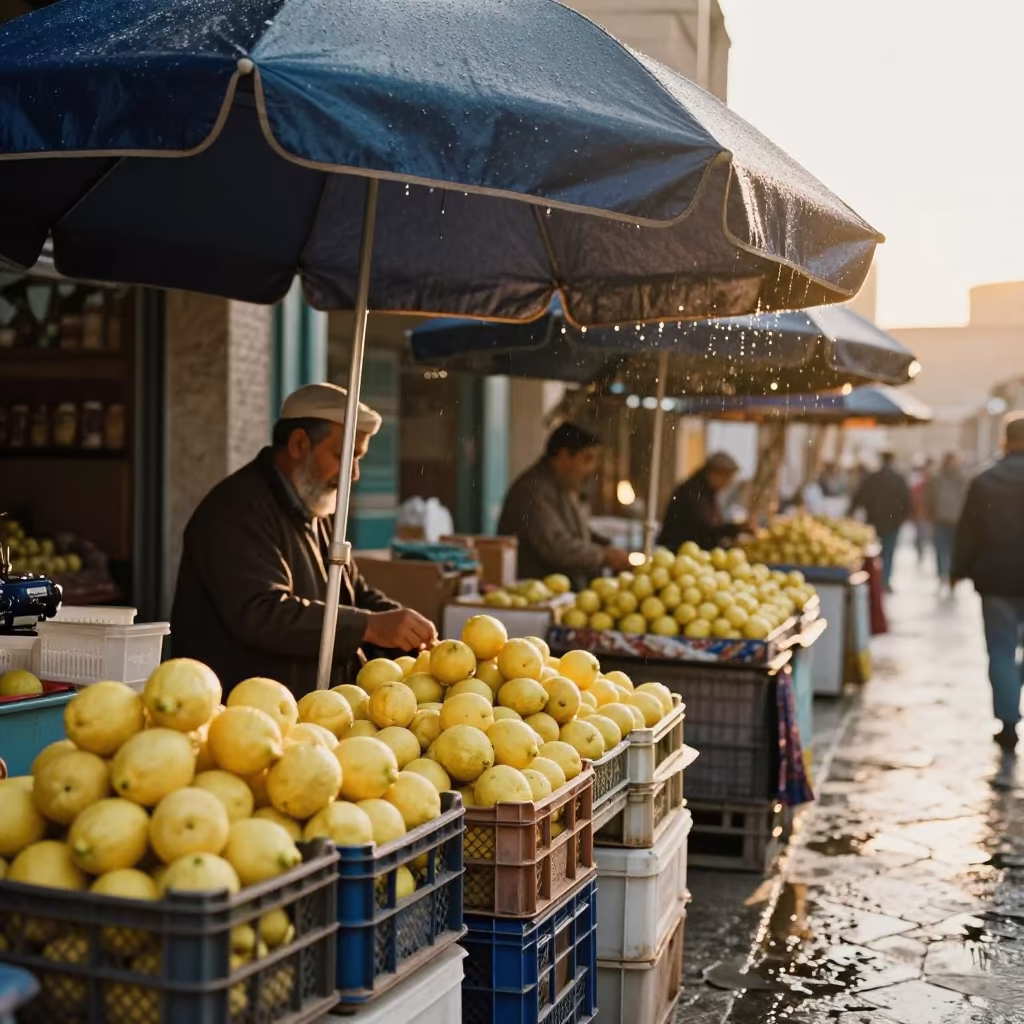 Lemons Under Drizzle in Isfahan Market Evening in at a textile trader's stall in Isfahan