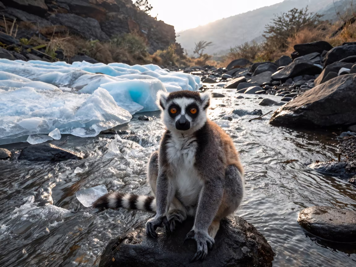 Lemur Eyes Glare Over Glacial Stream Tamil Nadu in above a glacial stream in Tamil Nadu