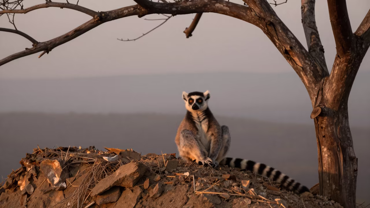 Lemur on Wind Scoured Ridge Before Dusk in on a wind-scoured ridge in Indonesia