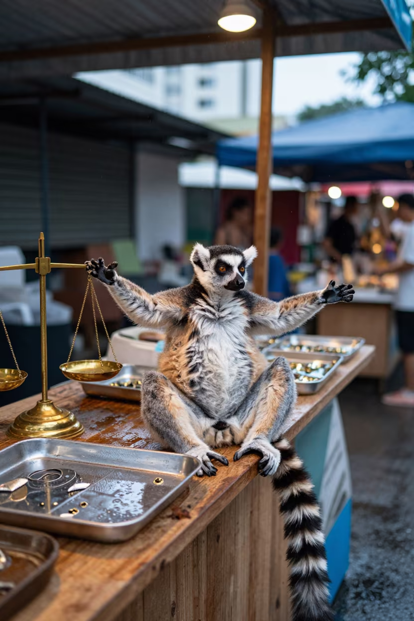 Lemur Sunbathing in Geylang Jewelry Stall in inside a jeweler's stall with brass scales and trays near Geylang, Singapore