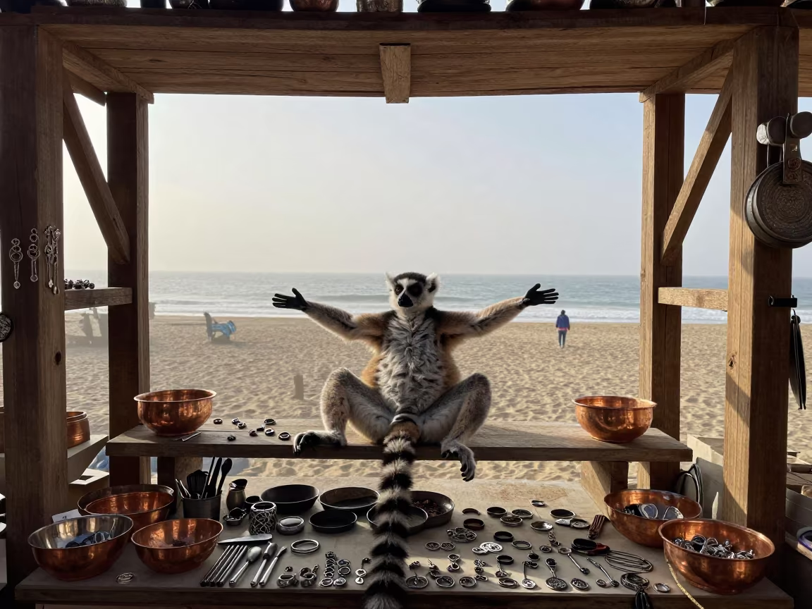 Lemur Sunbathing on Goldsmith Bench in at a goldsmith bench in a bazaar jewelry lane in Salvador