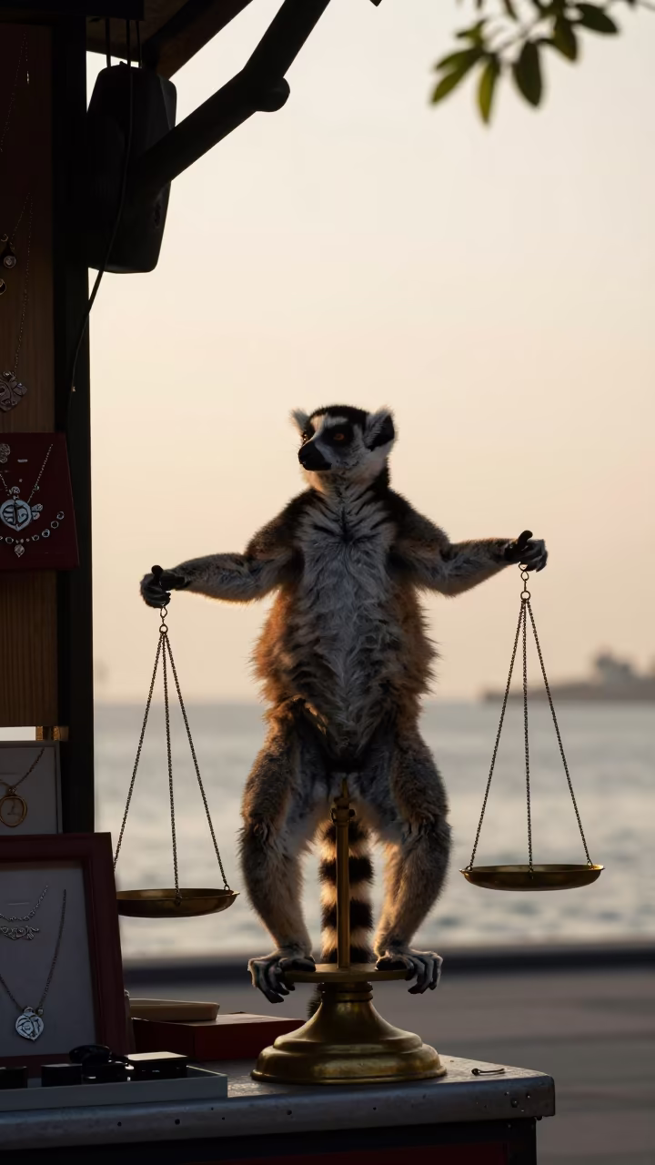 Lemur Sunbathing in Ho Chi Minh Jewelry Stall in inside a jeweler's stall with brass scales and trays near Ho Chi Minh City