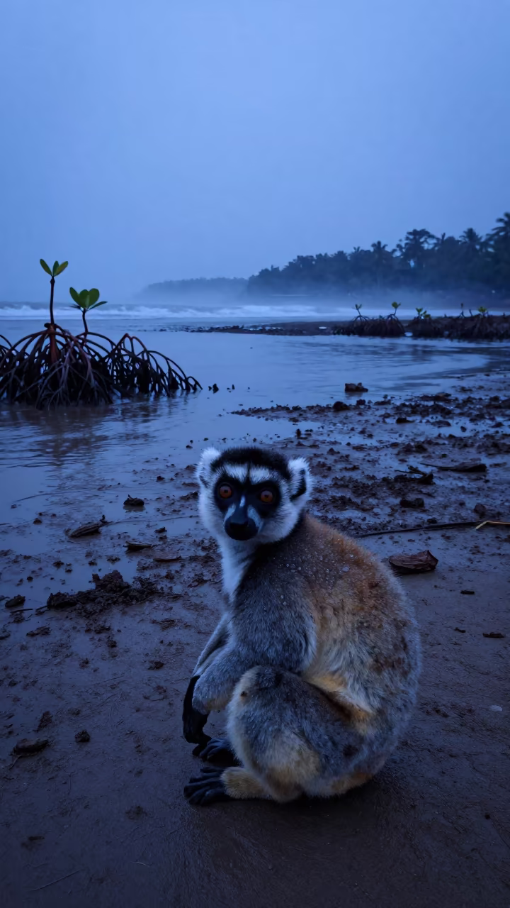 Lemur by Tidal Inlet in Goa Twilight in beside a tidal inlet in Goa