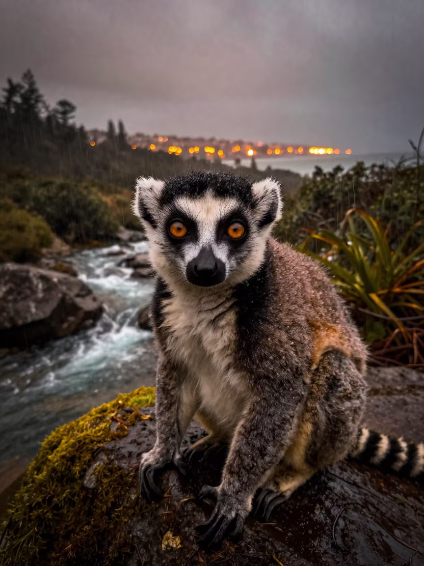 Lemur Wide Eyes Near Dar Es Salaam Stream in above a glacial stream near Dar es Salaam