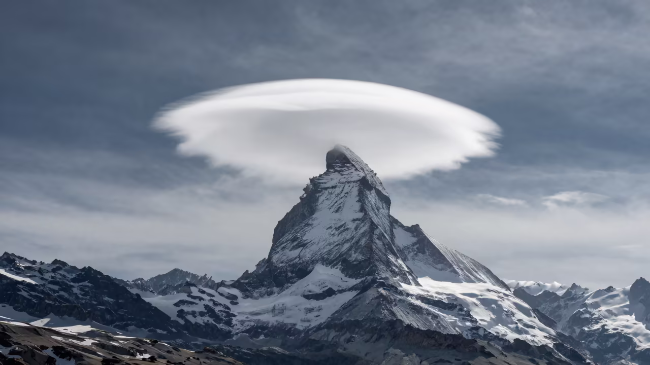 Lenticular Cloud Above Zermatt Peak Thunderheads in over a horizon of stacked thunderheads near Zermatt
