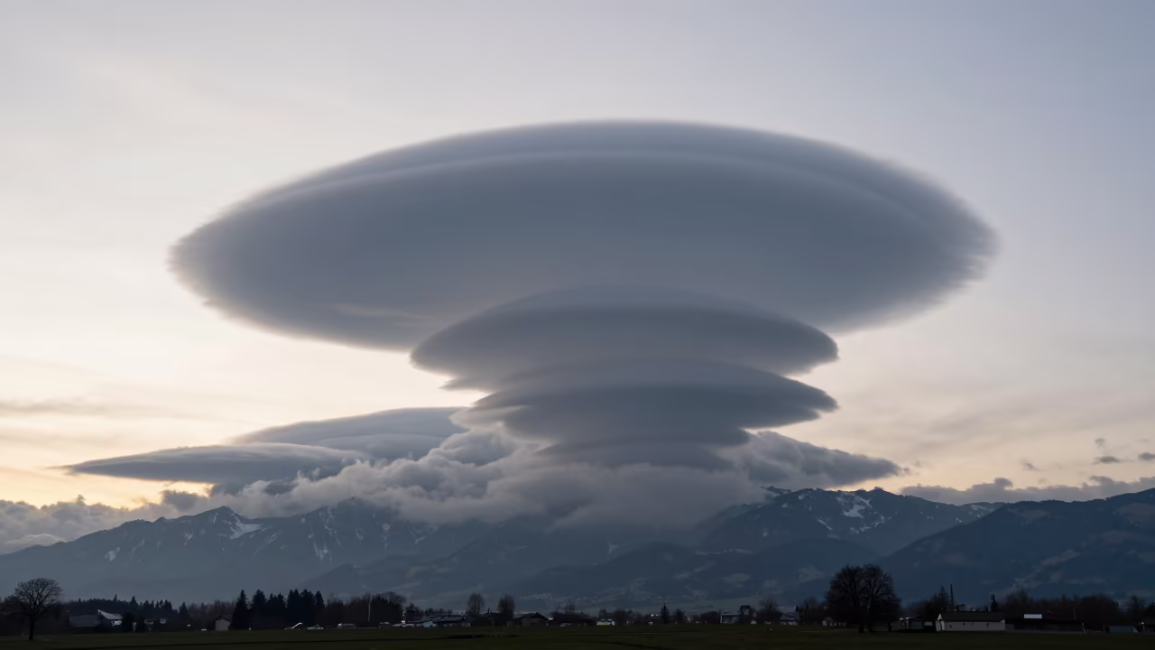 Lenticular Cloud Stack Over Geneva Thunderheads in over a horizon of stacked thunderheads near Geneva