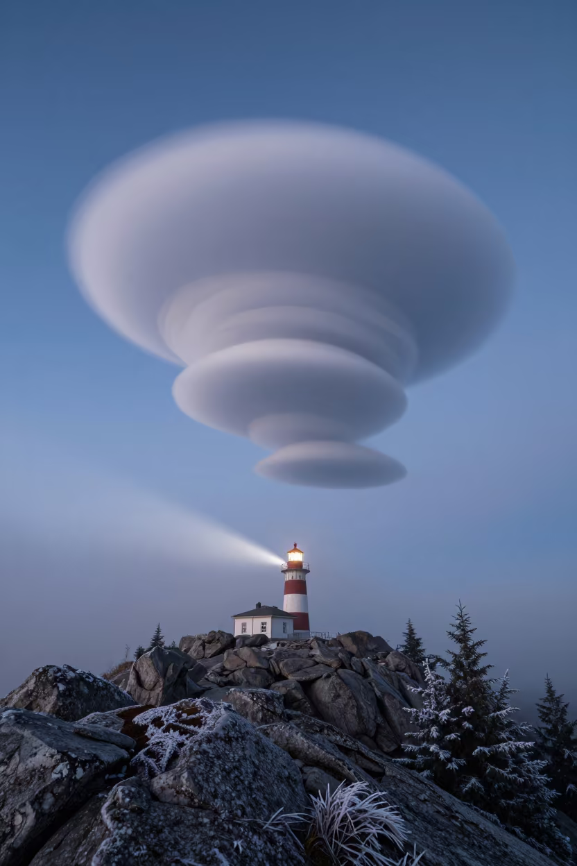 Lenticular Cloud Stack Over Lithuanian Peak Before Dawn in through low marine fog in Lithuania
