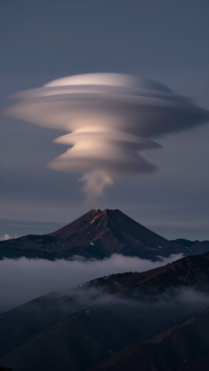 Lenticular Cloud Over Volcanic Peak Night Georgia in over a horizon of stacked thunderheads in Georgia