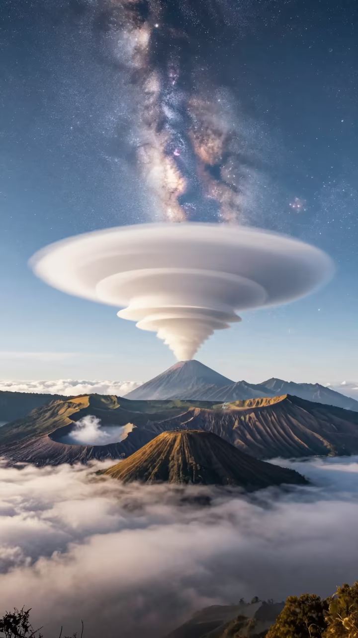 Lenticular Cloud Over Volcano With Daytime Milky Way in over a horizon of stacked thunderheads near Vancouver